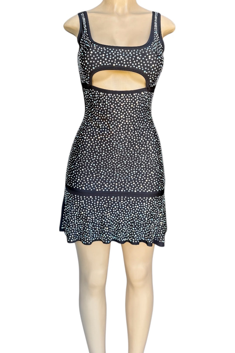 Black rhinestone patterned dress on a mannequin against a white background