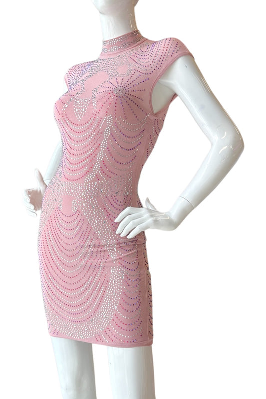 Pink Rhinestone Mesh Illusion Mini Dress