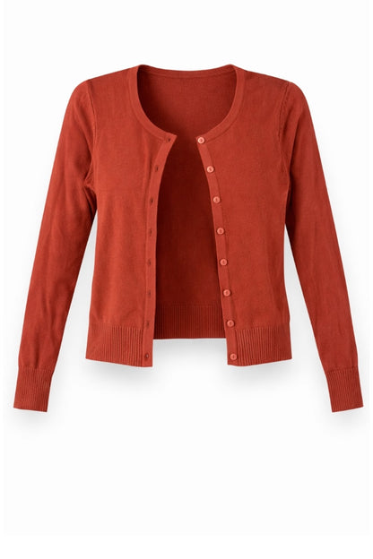 rust cardigan on a white background