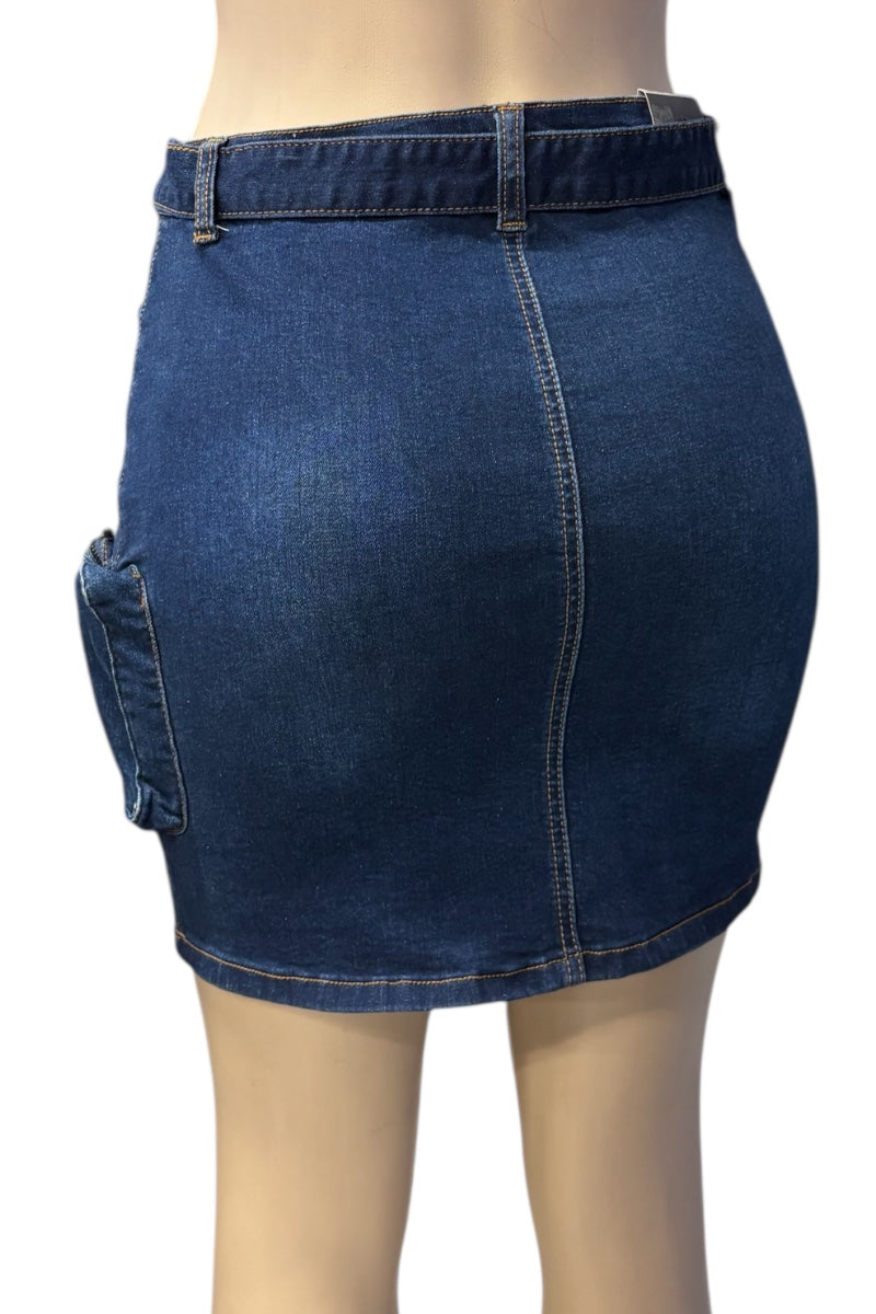 Blue denim skirt on a mannequin with a white background