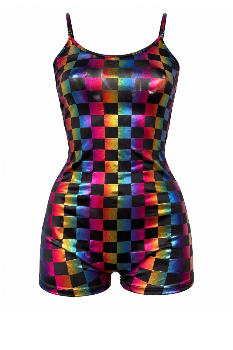 A shiny black and multicolor checkered romper with thin shoulder straps, shown against a plain white background.