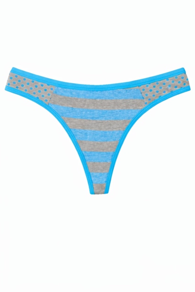 Blue and gray striped thong on a white background