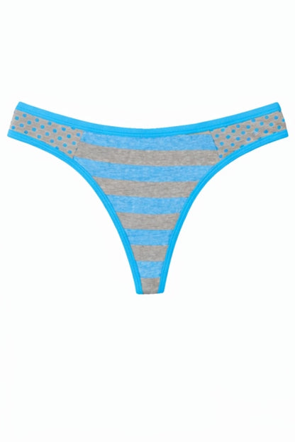 Blue and gray striped thong on a white background