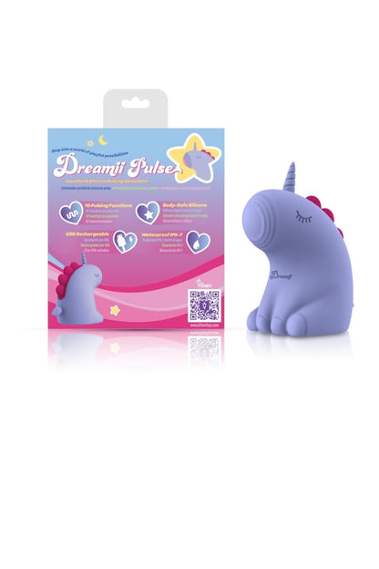 Purple unicorn-shaped product with packaging on a white background
