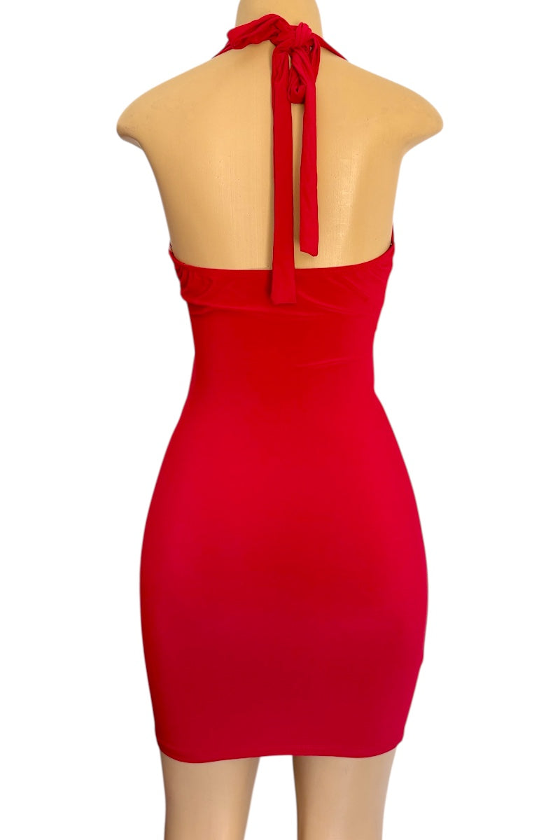 Red halter neck dress on a mannequin against a white background