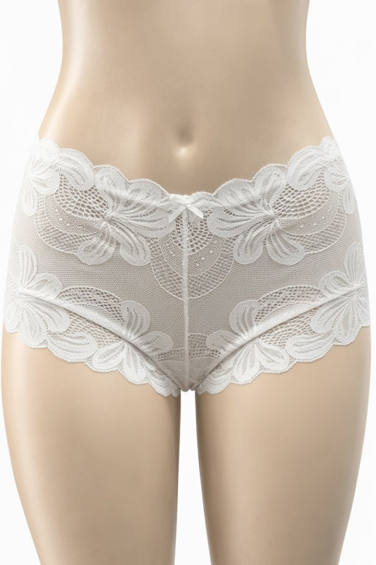 White lace underwear on a mannequin against a white background