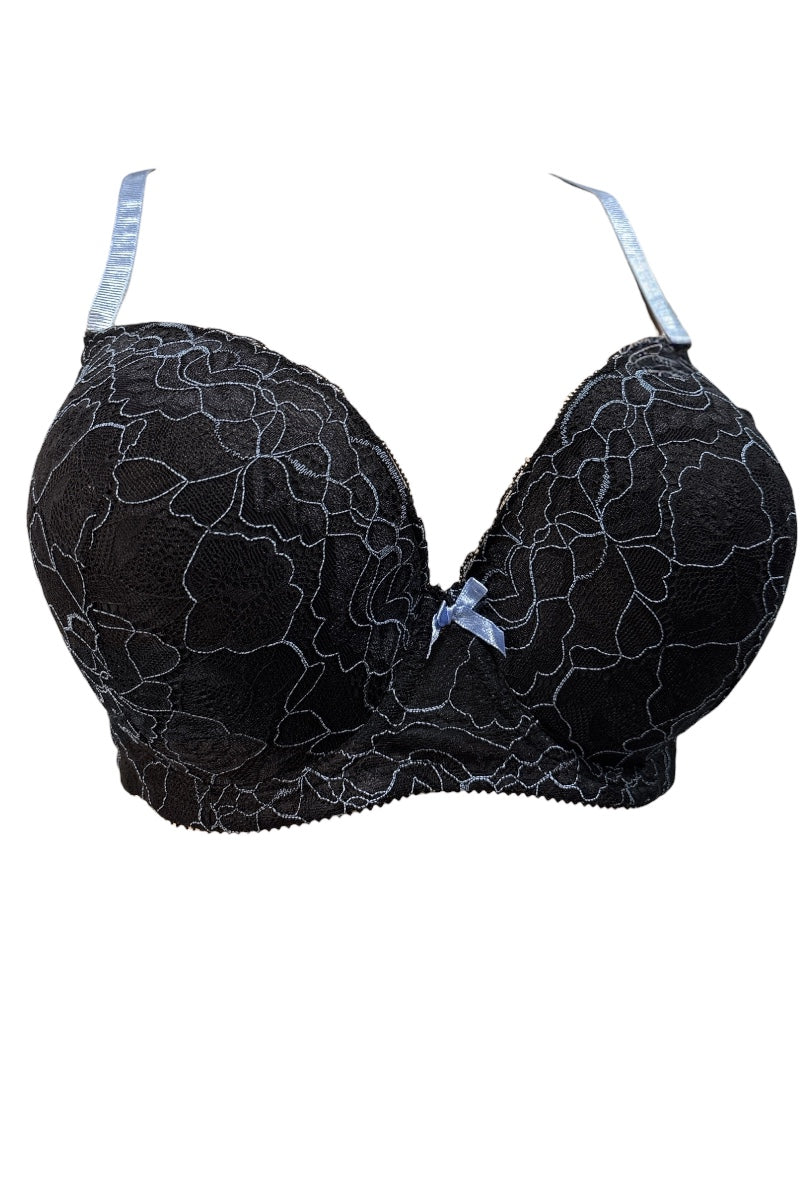 Black lace bra on a white background