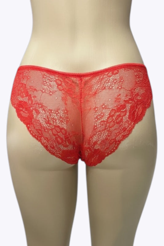 Red lace panty on a mannequin against a white background