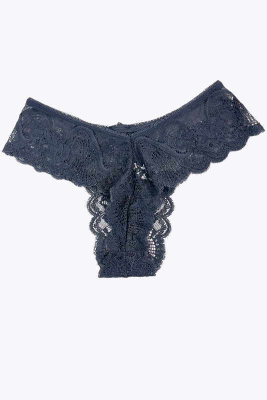 dark blue lace thong on a white background