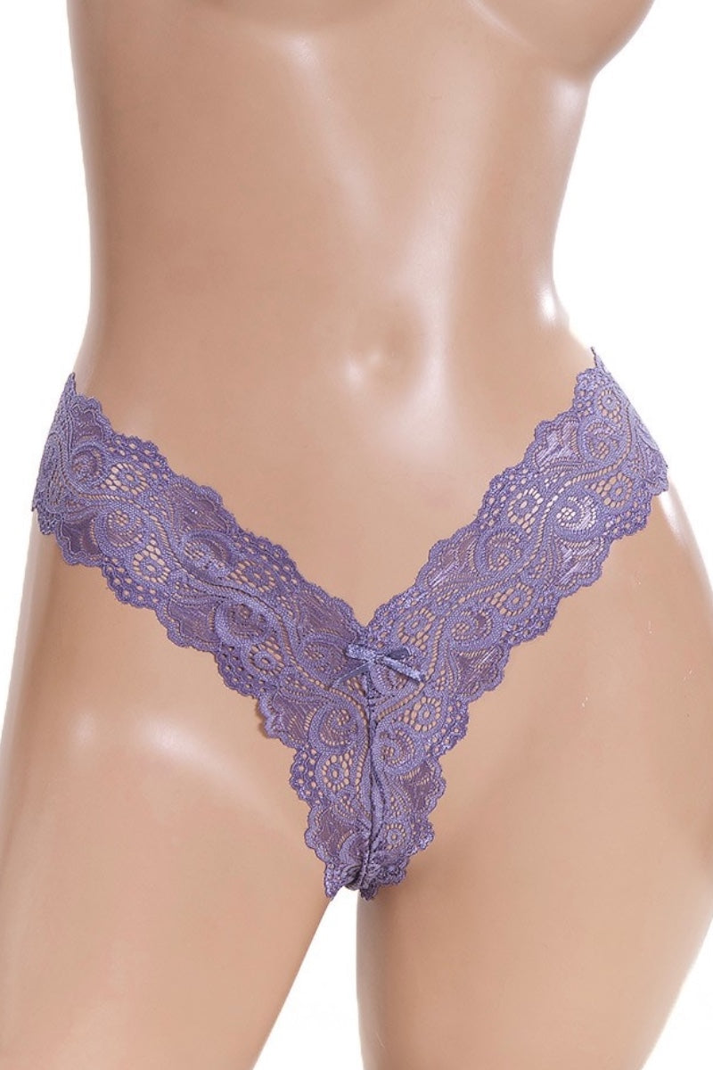 blue lace thong on a mannequin against a white background