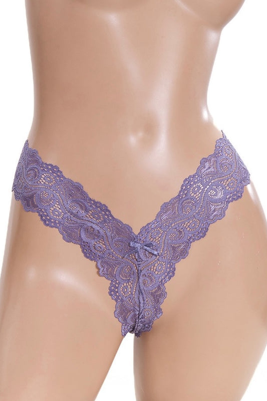 blue lace thong on a mannequin against a white background