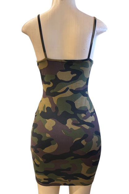 Camouflage dress on a mannequin against a white background