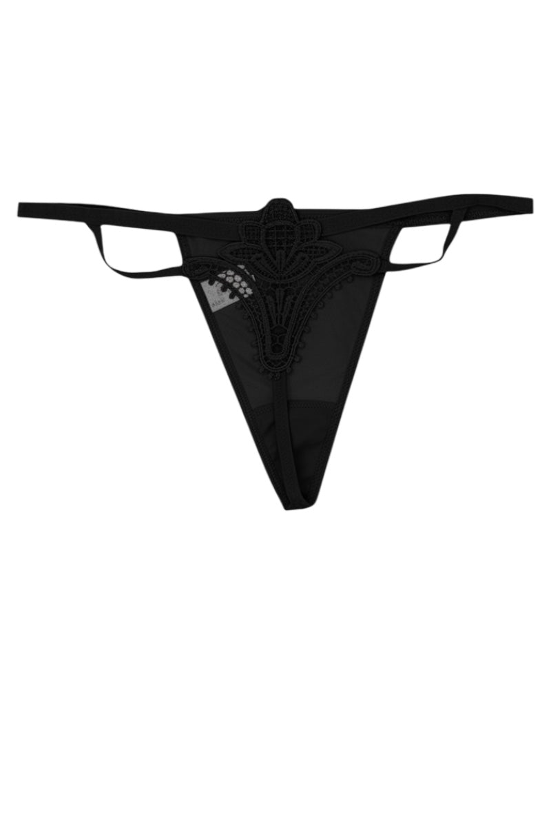 Black thong underwear on a white background