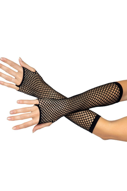 Black fishnet fingerless gloves worn on both arms, crossed over each other against a plain white background.