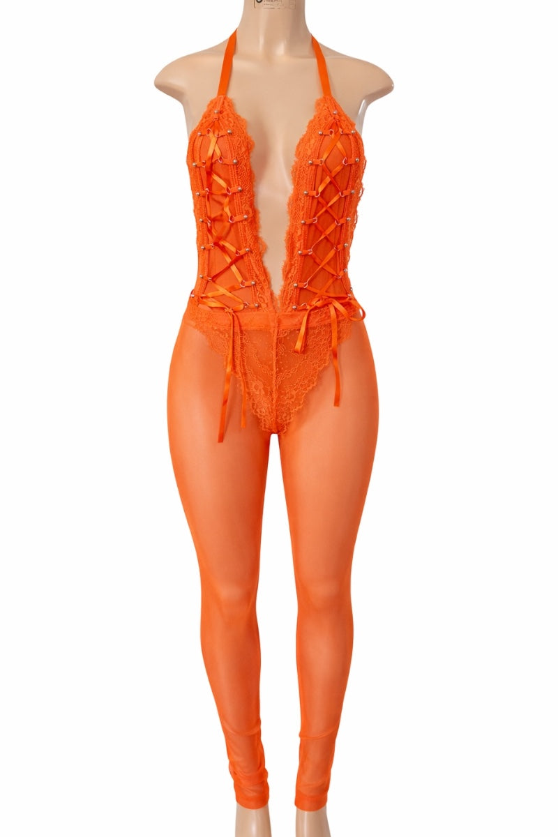 Orange lace lingerie set on a mannequin against a white background
