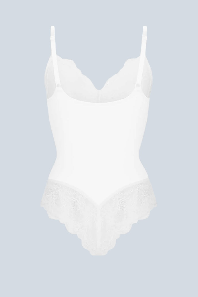 White bodysuit on a light blue background