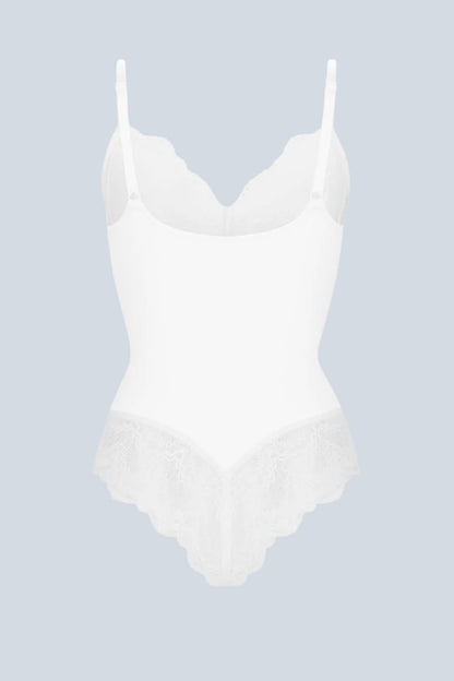 White bodysuit on a light blue background