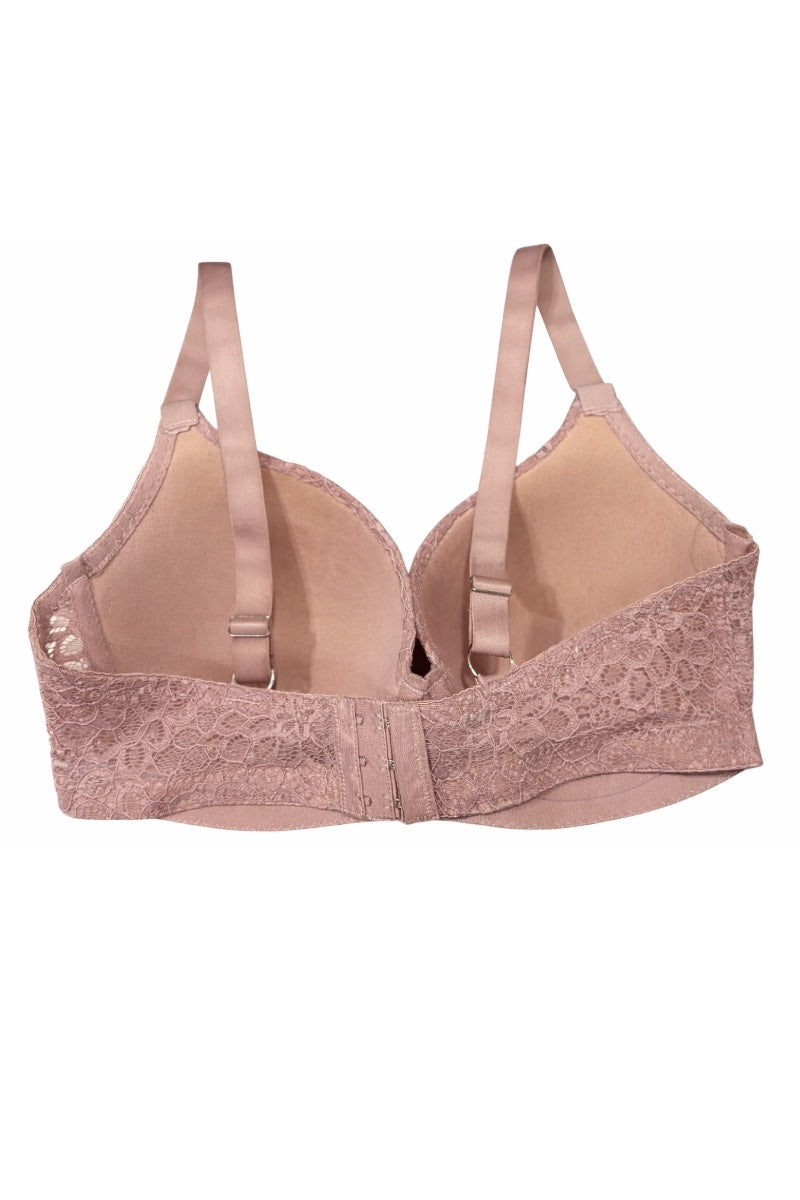 pink bra with lace details on a white background