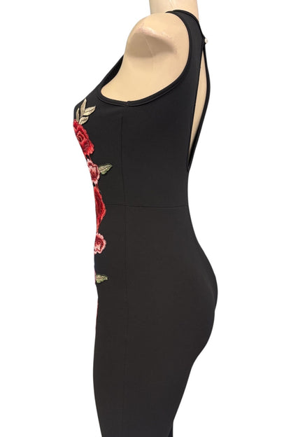 Black sleeveless bodycon dress with red rose embroidery on the side, displayed on a mannequin torso against a white background.