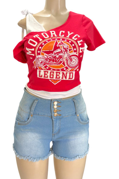 Red t-shirt with motorcycle graphic and denim shorts on a mannequin