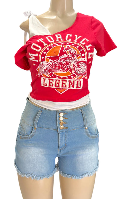 Red t-shirt with motorcycle graphic and denim shorts on a mannequin