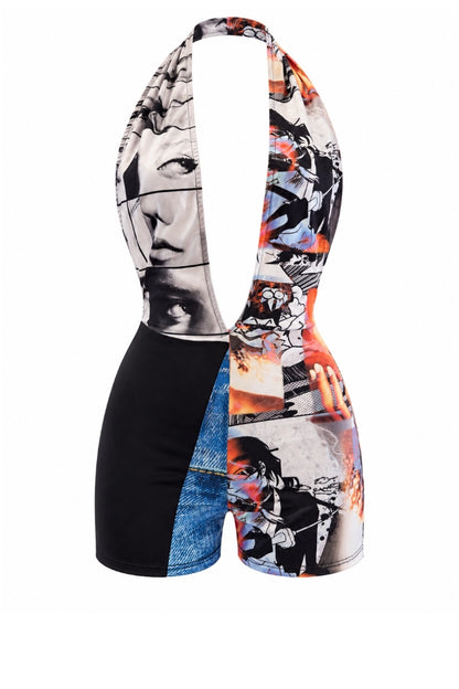 A women's halter-neck romper featuring a complex collage print with black and white portraits, blue denim, and orange/red graphic elements, paired with solid black side panels.