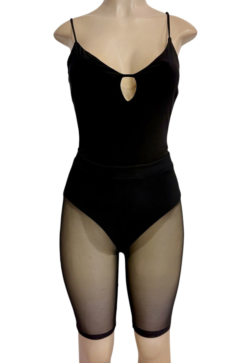 A black bodysuit with spaghetti straps, a keyhole cutout at the chest, and sheer mesh leg panels, displayed on a mannequin against a white background.