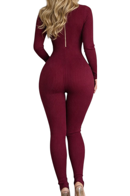Wine ribbed jumpsuit worn by a model on a white background