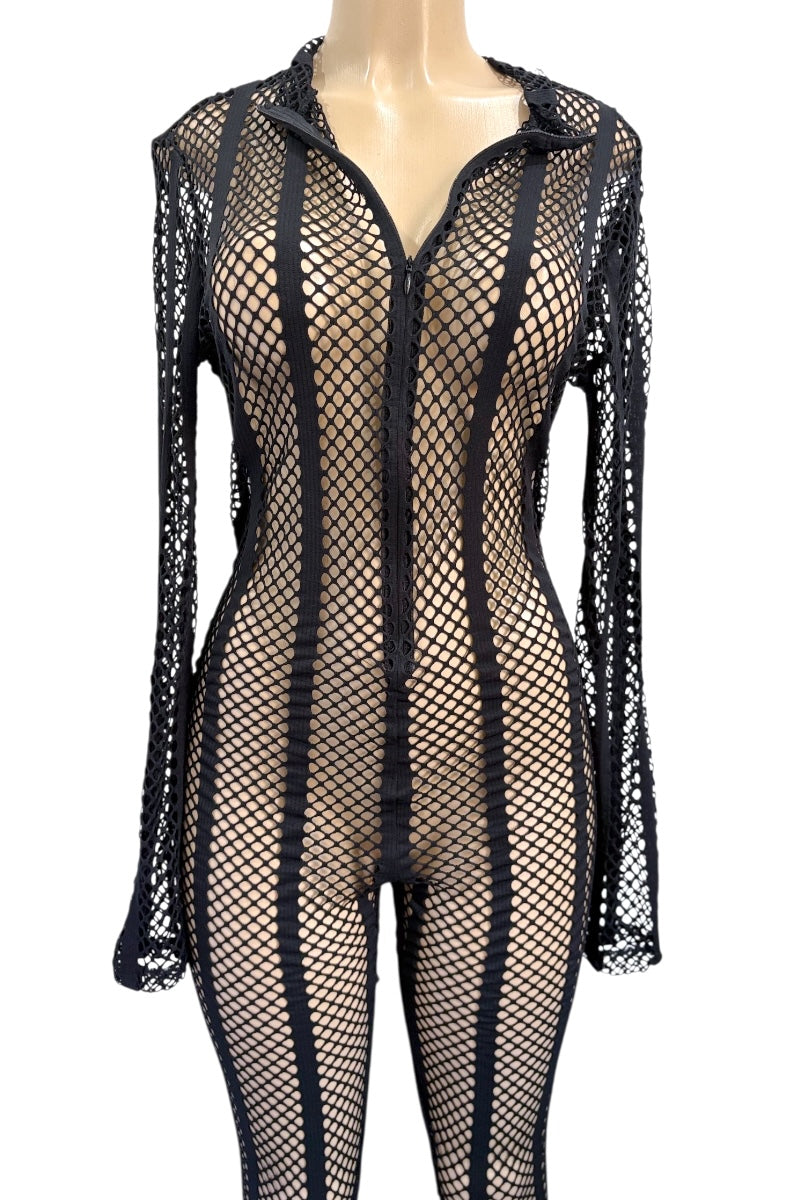Black fishnet outfit on a mannequin against a white background