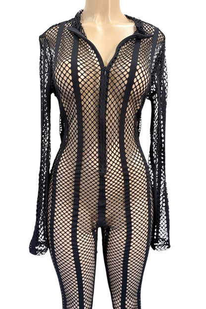 Black fishnet outfit on a mannequin against a white background