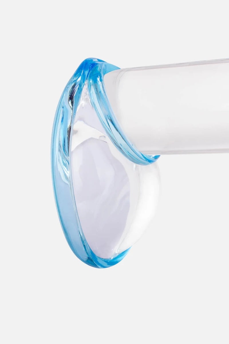 Clear plastic display with blue rim on a white background