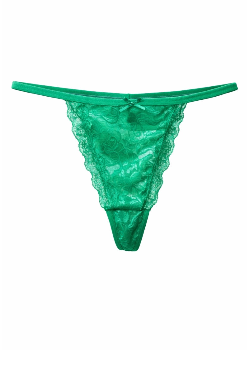 Green lace thong on a white background