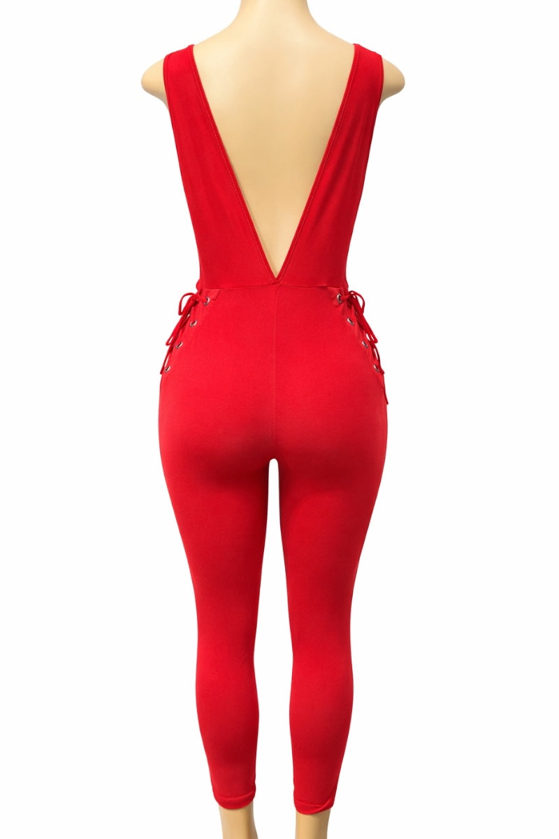 Red jumpsuit with a deep back on a mannequin against a white background