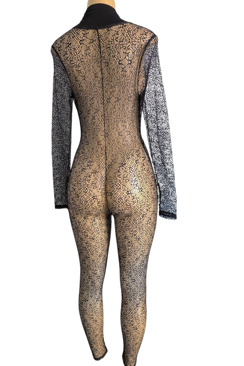 Back view of a jumpsuit with long sleeves on a white background