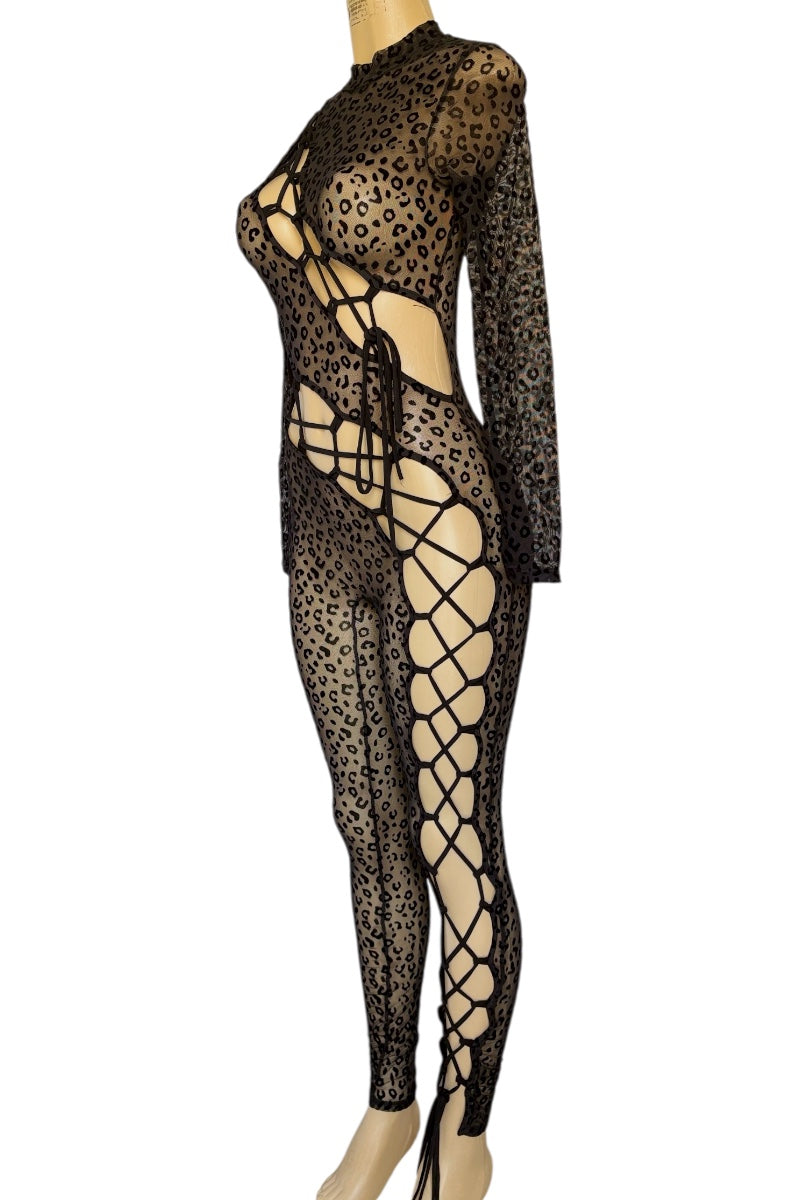 Leopard print bodystocking on a mannequin against a white background