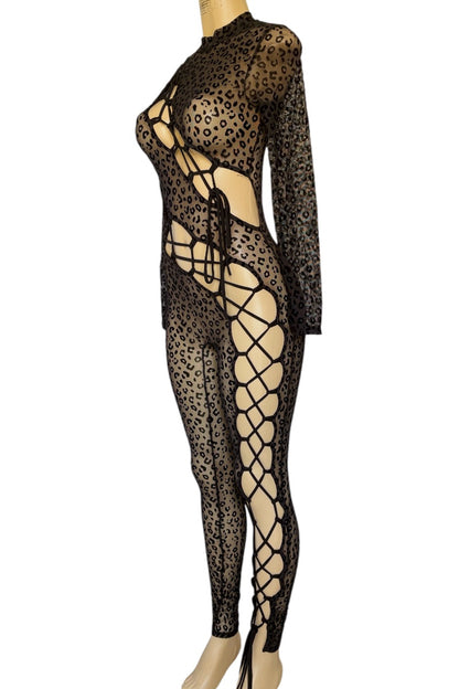 Leopard print bodystocking on a mannequin against a white background