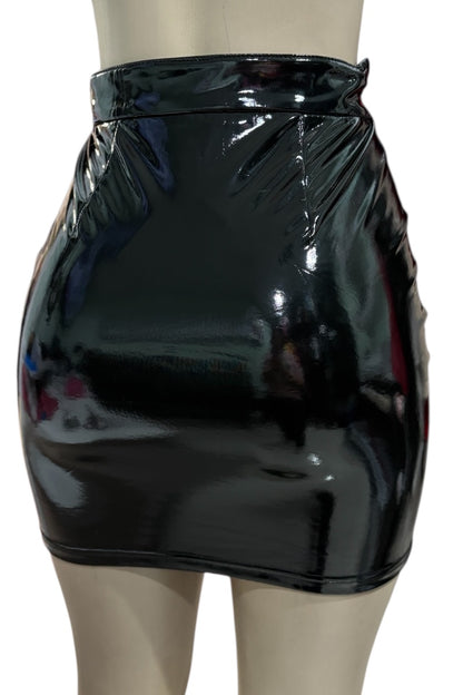 Black vinyl skirt on a mannequin against a white background