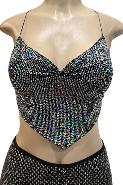 Black sequin crop top on a mannequin with a white background