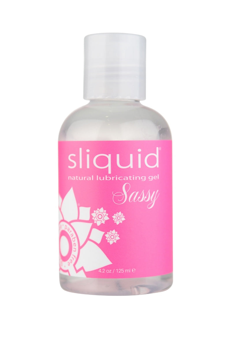 Bottle of sliquid natural lubricating gel with a pink label on a white background