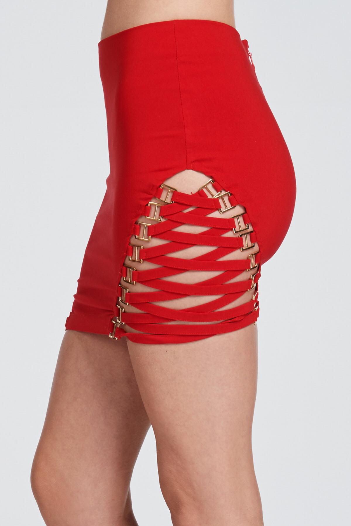 Red skirt with cut-out design on a white background