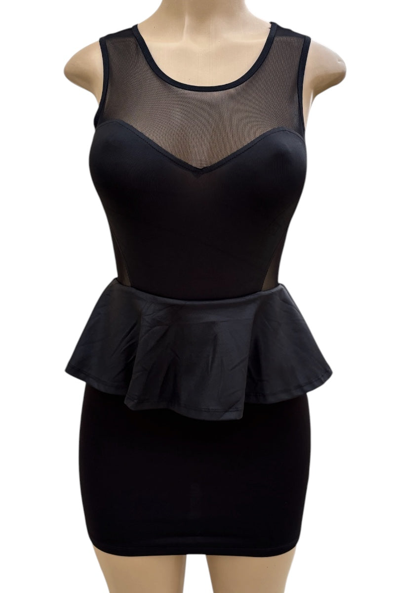 Black peplum dress on a mannequin against a white background
