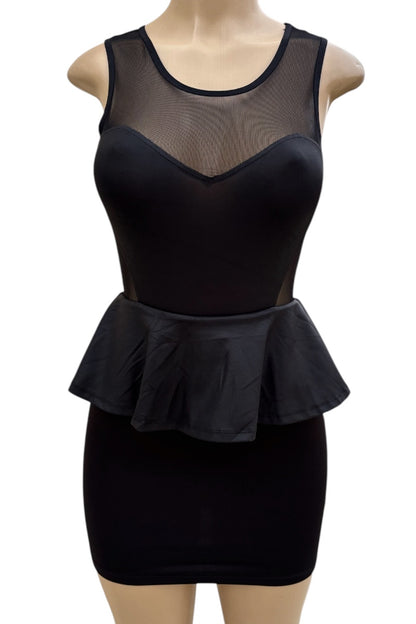 Black peplum dress on a mannequin against a white background