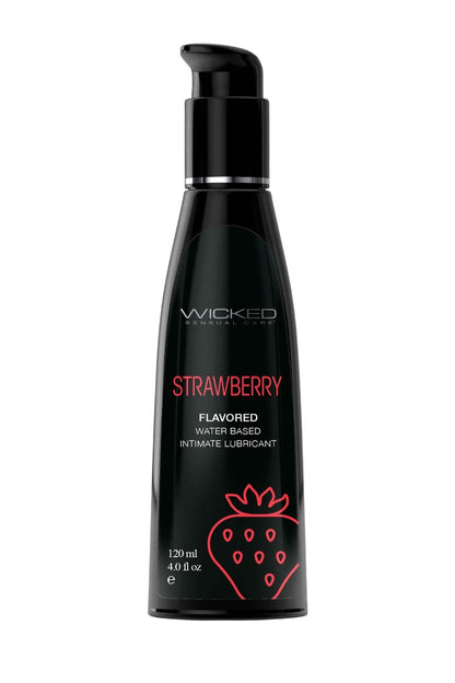 Black bottle of Wicked Strawberry flavored lubricant on a white background