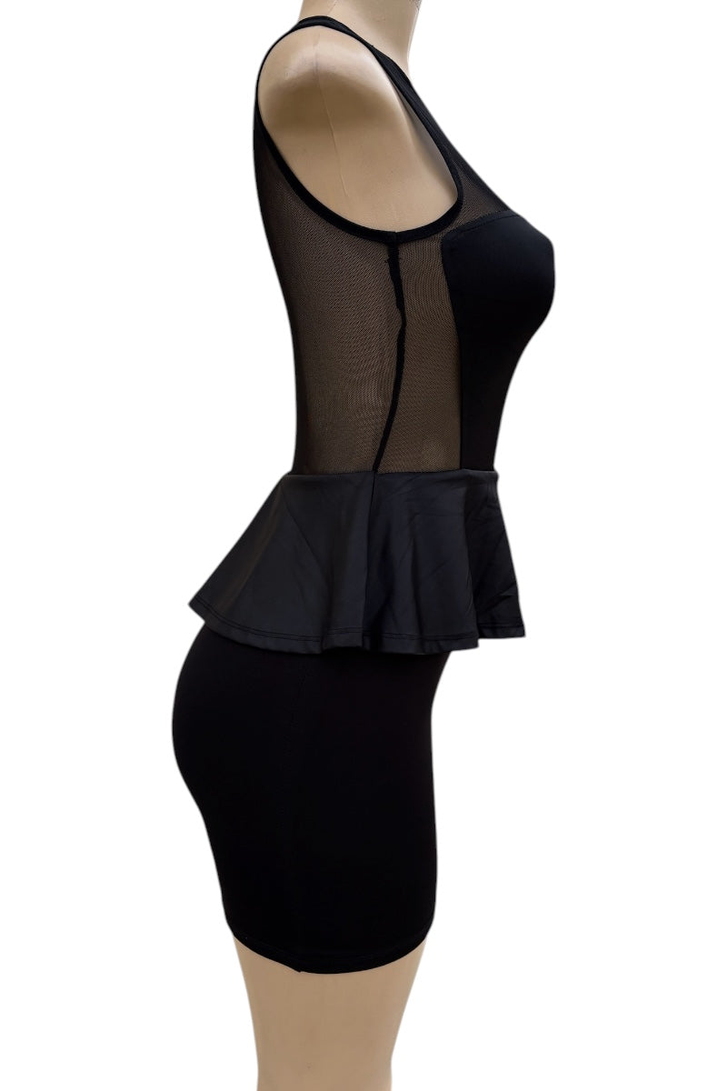 Black peplum dress on a mannequin against a white background