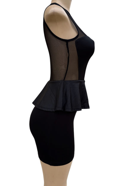 Black peplum dress on a mannequin against a white background