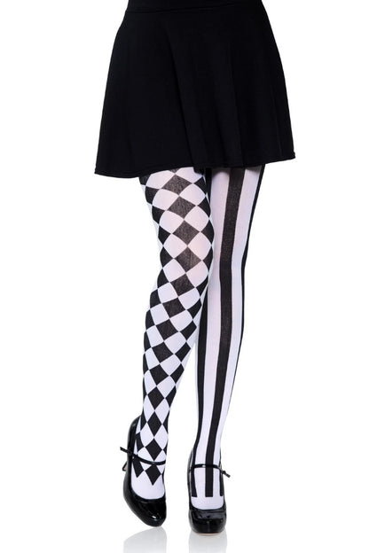 Black and white checkered and striped tights worn by a model, paired with a black pleated mini skirt and black Mary Jane shoes, shown against a plain white background.