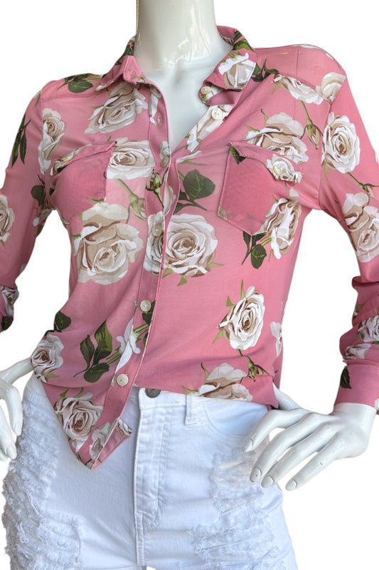 Pink floral shirt on a mannequin with a white background
