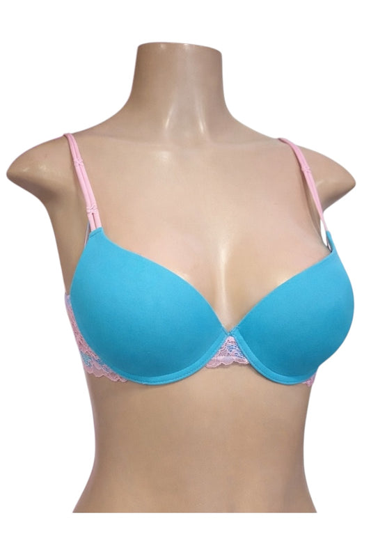 Blue bra with pink straps on a mannequin against a white background