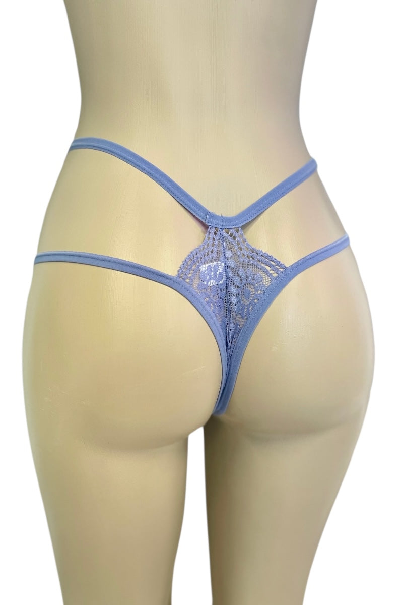 Blue lace thong on a mannequin against a white background