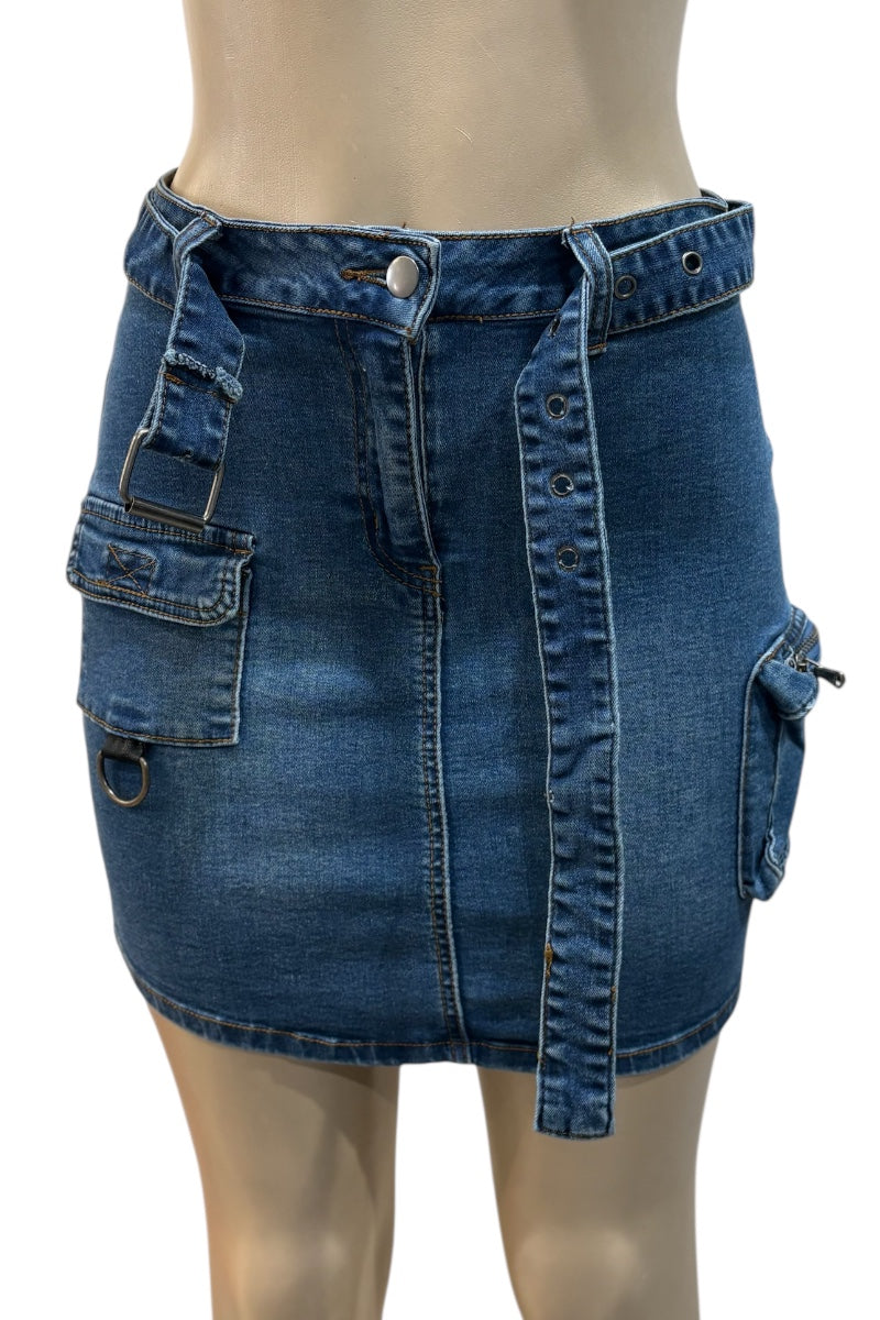 Blue denim skirt on a mannequin against a white background